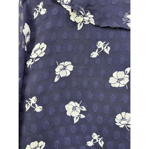 Ann Taylor Top Womens Large Ruffle V Neck Button Up Sheer Sleeve Navy Floral - Picture 3 of 11